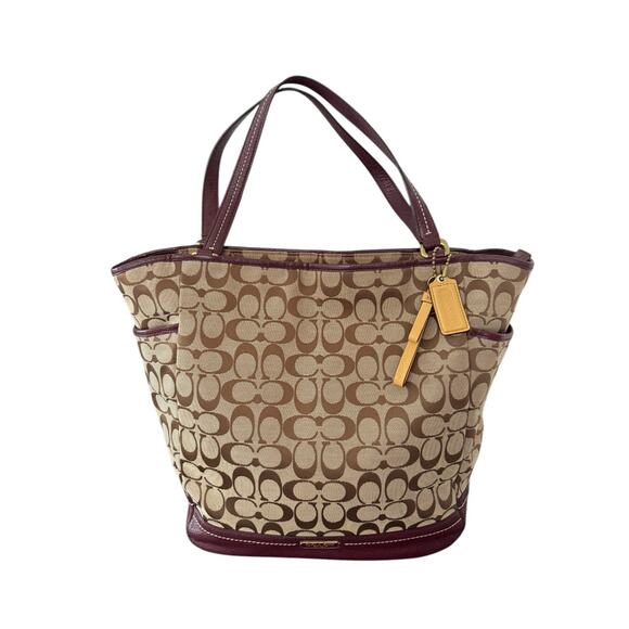 Coach Park Signature NS Carrie Tote Lg Khaki Burgundy Leather Trim Yellow Tags - Picture 1 of 15